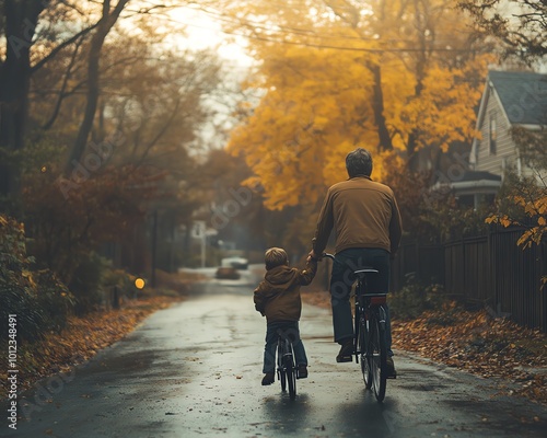 Wallpaper Mural Rear view of a father and son on a bicycle, with the father demonstrating and teaching his son how to ride Torontodigital.ca