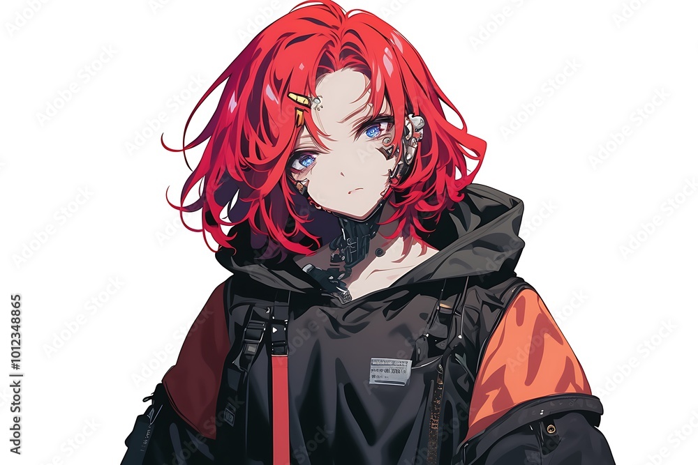Cyberpunk Anime Girl with Red Hair and Blue Eyes Cyberpunk Anime Girl with Red Hair and Blue Eyes