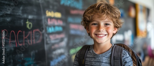 Smiling Caucasian boy with a Back to School board, depicting the happiness of returning to school photo