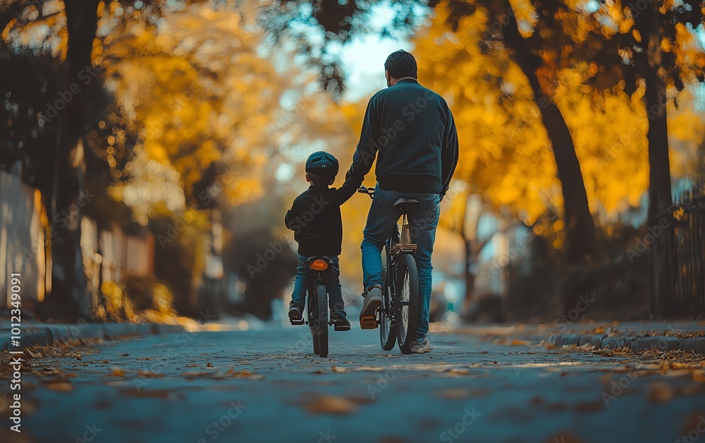 Fototapeta premium Back view of a father assisting his son on a bicycle, highlighting the teaching process and supportive relationship