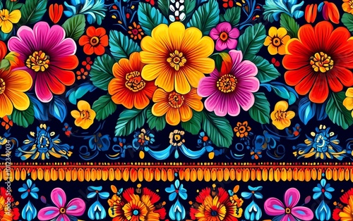 Traditional Mexican textile patterns in a seamless design, featuring vibrant colors and intricate details for a lively background photo