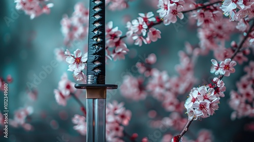 Shogun's weapon: Regal katana in shadowy light
将軍の武器：薄暗い光の中の気品ある日本刀.Generative AI photo