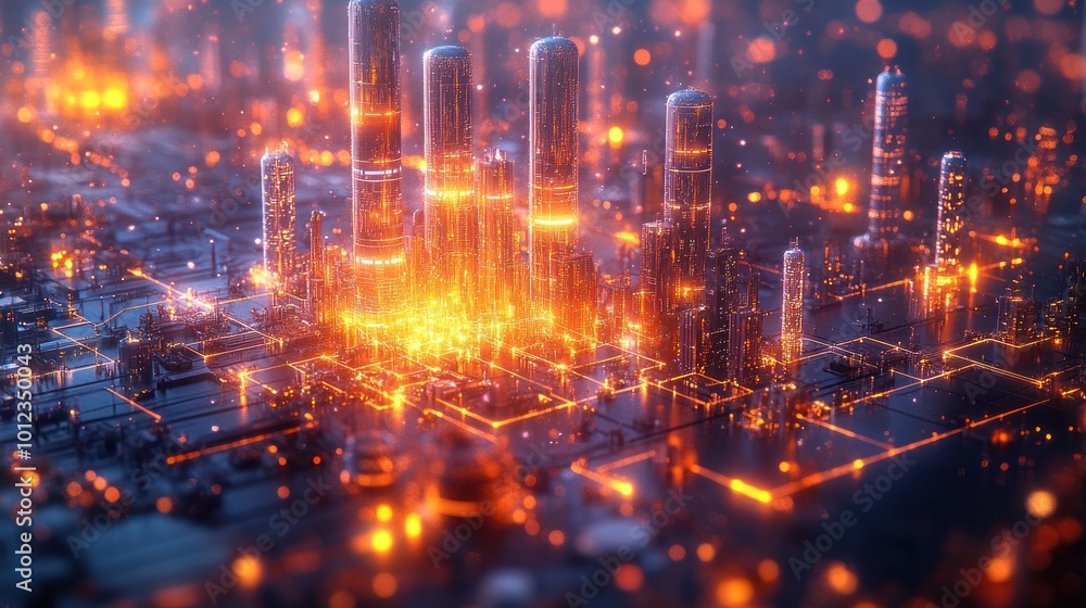 A futuristic cityscape with glowing towers and intricate circuitry, set against a backdrop of warm, orange light. A futuristic cityscape with glowing towers and intricate circuitry, set against a backdrop of warm, orange light.