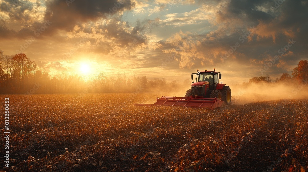 Fototapeta premium A red tractor cultivates a field at sunset, creating a cloud of dust.