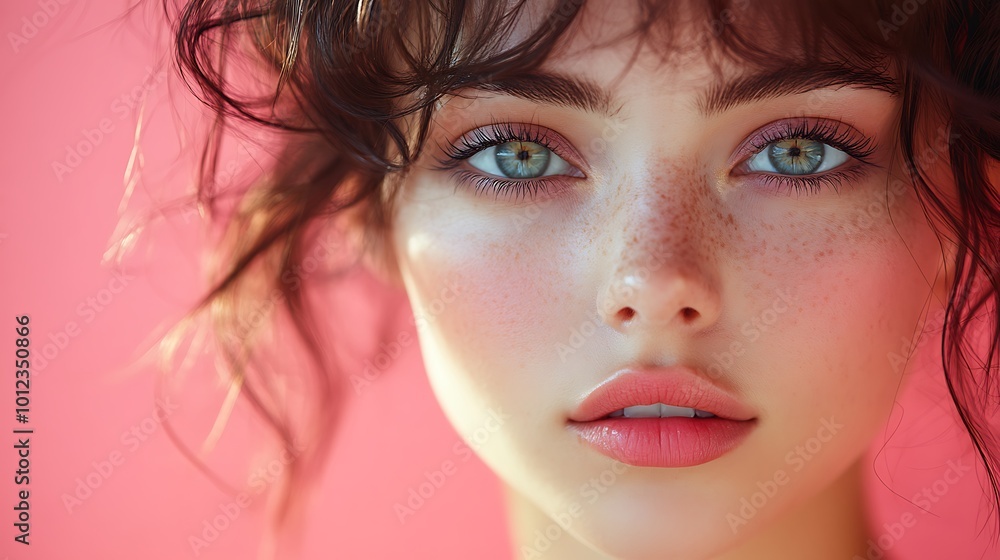 Close-up portrait of a young woman with freckles and green eyes. Close-up portrait of a young woman with freckles and green eyes.