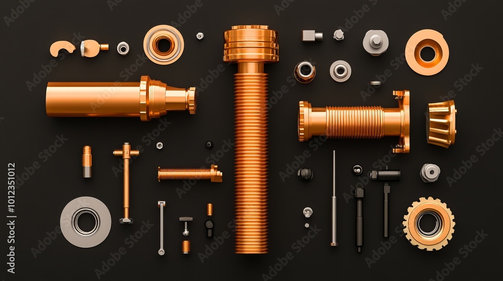 An exploded view of a bath shower pipe assembly, illustrating each part clearly, with a stark black background to emphasize the components An exploded view of a bath shower pipe assembly, illustrating each part clearly, with a stark black background to emphasize the components