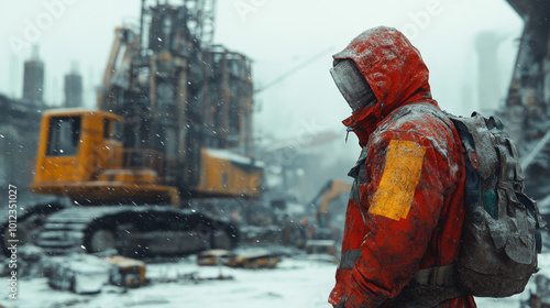 A construction worker in a red jacket stands in a snowy construction zone.