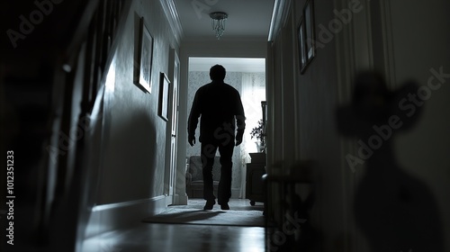 Silhouette of a Man Walking Down a Dark Hallway photo