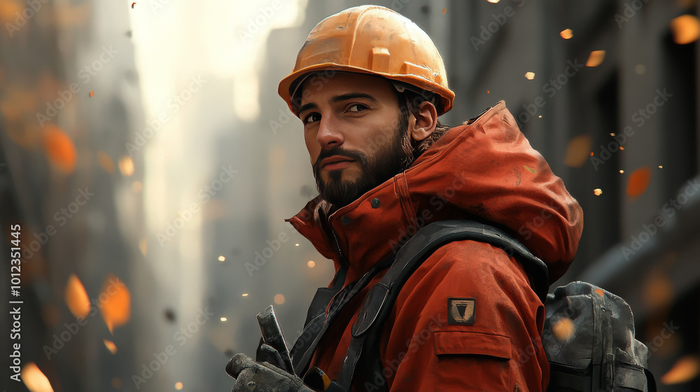 Fototapeta premium A man in a hard hat and red jacket stands in a construction zone.