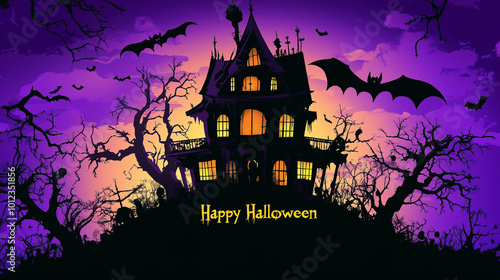 A haunted house on a hill with crooked trees and flying bats, with "Happy Halloween" in a spooky font, vector greeting card with the inscription "Happy Halloween"