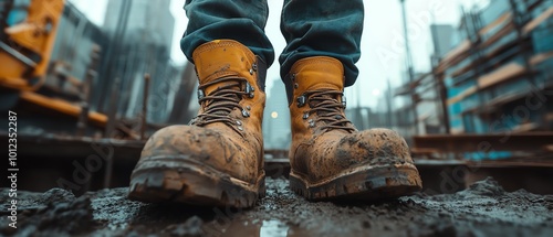 Worker s legs on a construction site, featuring boots and work gear, emphasizing the construction environment