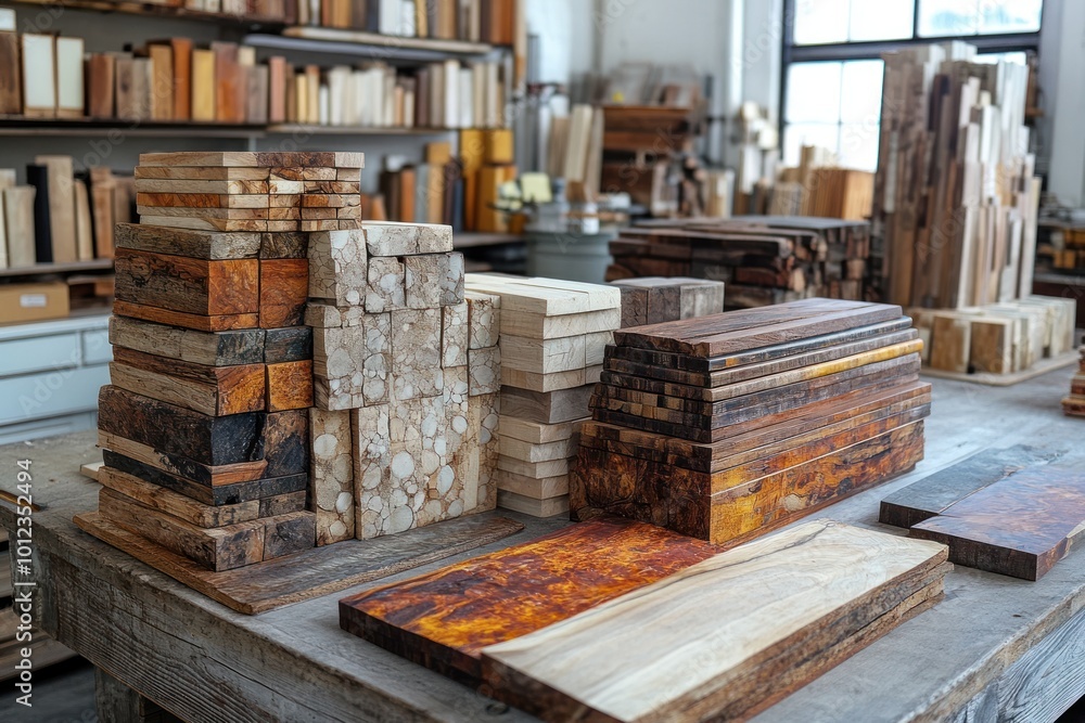 A workshop table is piled high with various types of wood in different colors and textures. A workshop table is piled high with various types of wood in different colors and textures.