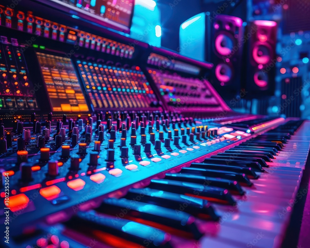 Recording studio with sleek designs, modern and professional, Urban, Cool tones, Photograph, Music production Recording studio with sleek designs, modern and professional, Urban, Cool tones, Photograph, Music production