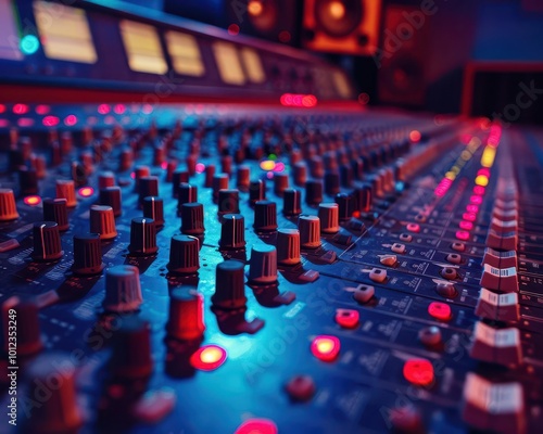 Recording studio with sleek designs, modern and professional, Urban, Cool tones, Photograph, Music production