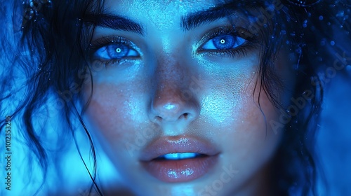 Close-up portrait of a young woman with blue eyes and wet skin illuminated by a blue light.