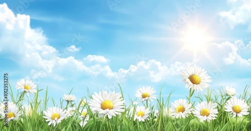 Stunning blooms of fresh daisies growing in green meadow grass on a bright sunny spring summer day with a blue sky sky behind