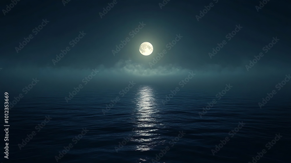 A soft, glowing moonlight over a calm sea with a dark, clear space for text A soft, glowing moonlight over a calm sea with a dark, clear space for text
