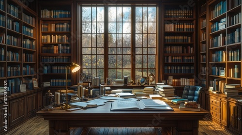 Wallpaper Mural A cozy library with wooden shelves and a large desk. Torontodigital.ca