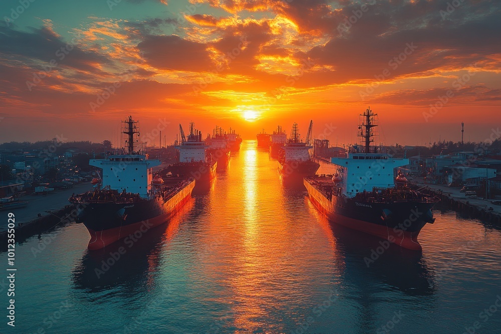 A breathtaking aerial view of ships in a harbor at sunset, with the sun reflecting off the water. A breathtaking aerial view of ships in a harbor at sunset, with the sun reflecting off the water.