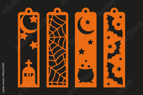 Halloween vertical bookmark designs. Vector laser cut template. Decorative bookmark stencil for paper, wood and metal cutting
