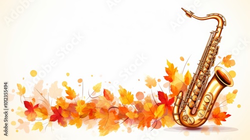 Golden Saxophone Musical Instrument with Vibrant Abstract Autumn Leaves on a White Background,