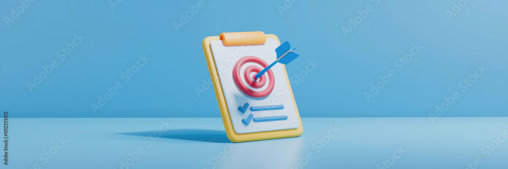 A yellow clipboard with a red target on it. The target has a blue arrow pointing to it A yellow clipboard with a red target on it. The target has a blue arrow pointing to it