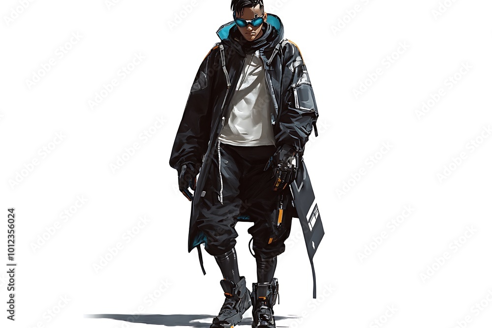 Cyberpunk Fashion,  Male character in a long black trench coat,  gloves and sunglasses