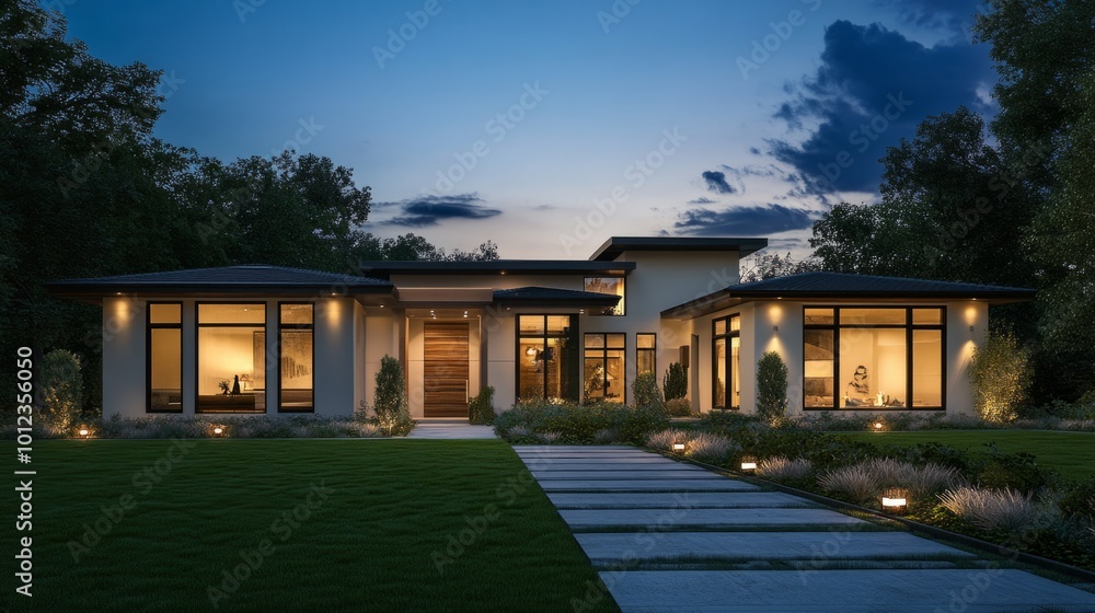 Rendered contemporary house with clean lines, outdoor lighting, and manicured lawn at night. generative ai Rendered contemporary house with clean lines, outdoor lighting, and manicured lawn at night. generative ai