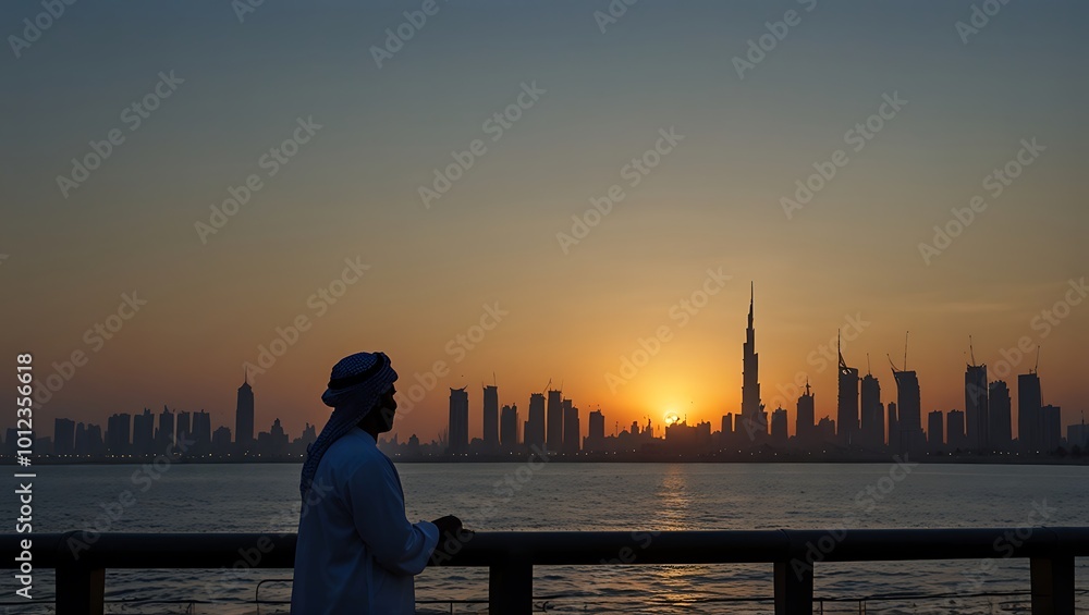 Fototapeta premium Silhouette of a Man Against Dubai Skyline at Sunset