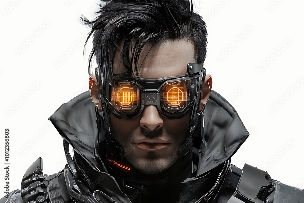 Cyberpunk man wearing futuristic goggles with orange glow Cyberpunk man wearing futuristic goggles with orange glow