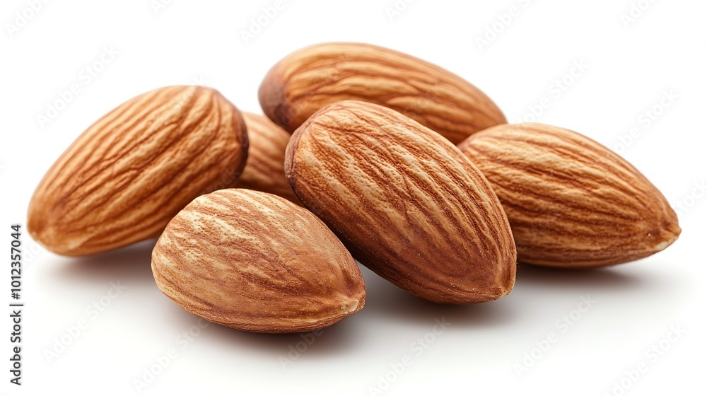 A close-up of a pile of five whole almonds on a white background. A close-up of a pile of five whole almonds on a white background.