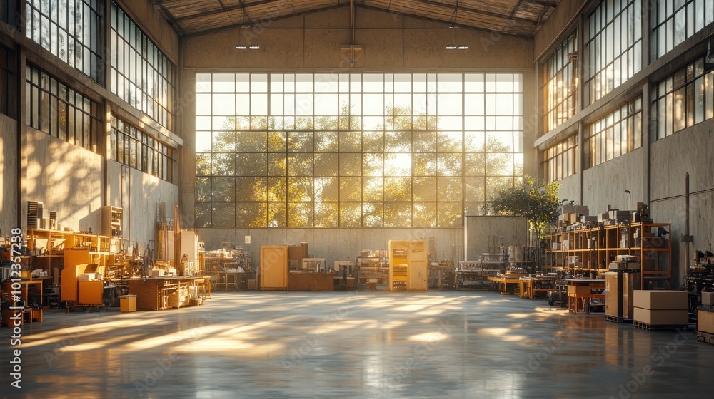 Sun shining through the windows of an empty industrial warehouse. Sun shining through the windows of an empty industrial warehouse.