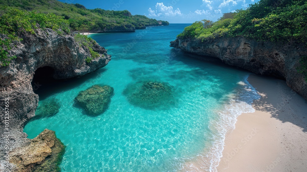 Serene beach with clear turquoise water and rocky coastline. Serene beach with clear turquoise water and rocky coastline.