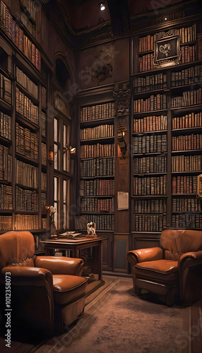 A cozy library scene featuring towering bookshelves, warm lighting, and comfortable seating, creating an inviting space for reading and relaxation.