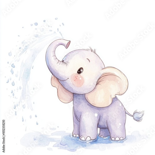 Cute cartoon elephant playing with water.