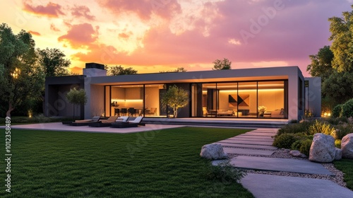 Rendered contemporary house with sleek exterior design and lawn at sunset. generative ai