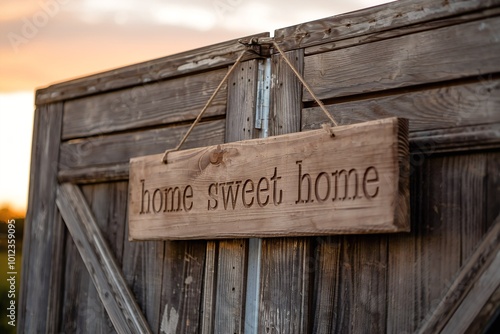 Rustic wooden 'Home Sweet Home' sign hanging on weathered barn door at sunset
