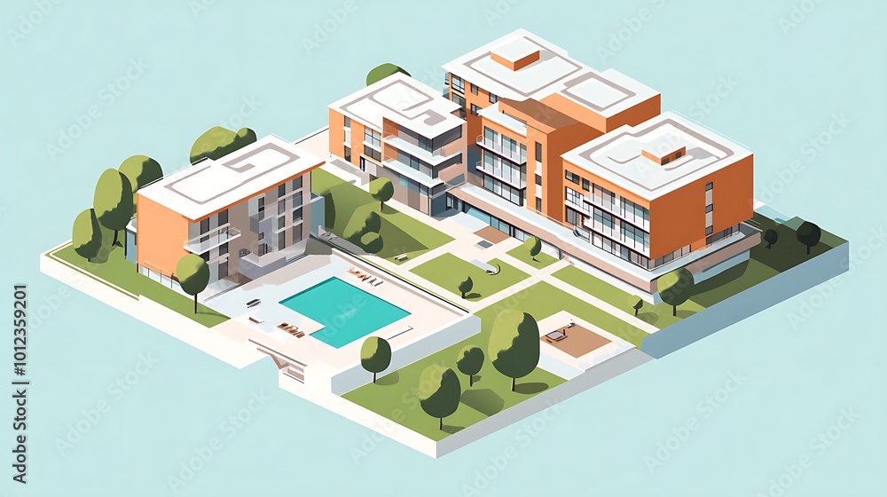 Isometric illustration of a modern school campus with buildings, swimming pool, playground, and trees. Education and learning concept. Isometric illustration of a modern school campus with buildings, swimming pool, playground, and trees. Education and learning concept.