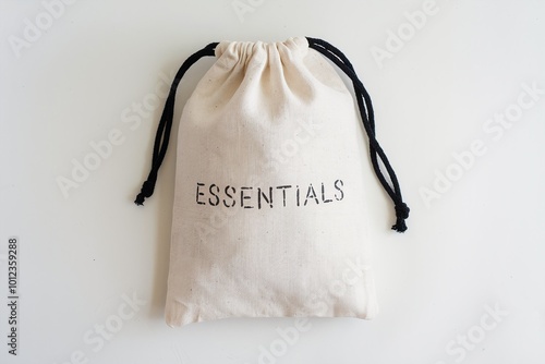 Minimalist cotton drawstring bag labeled 'Essentials' on white background