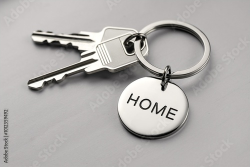 House keys with silver 'HOME' keychain on grey background