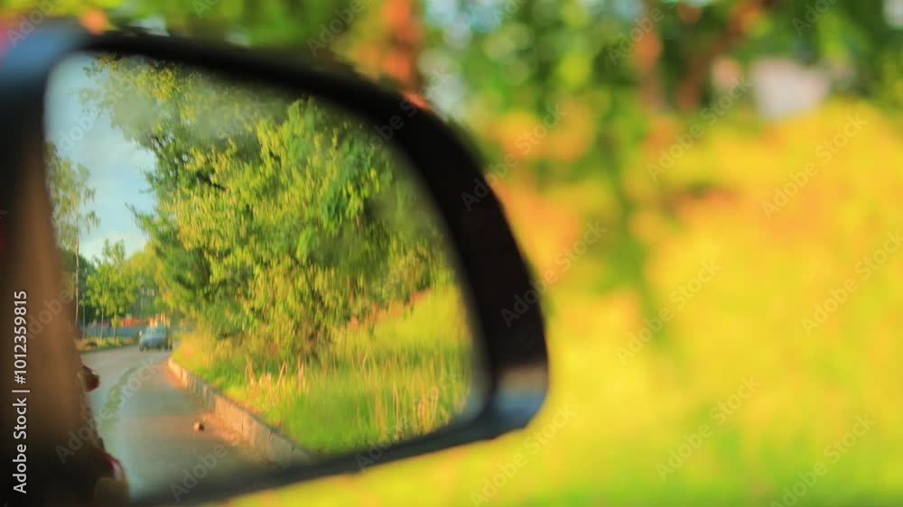 Video shooting in motion, view in the rear view side mirror of a auto, driving a red car along the road