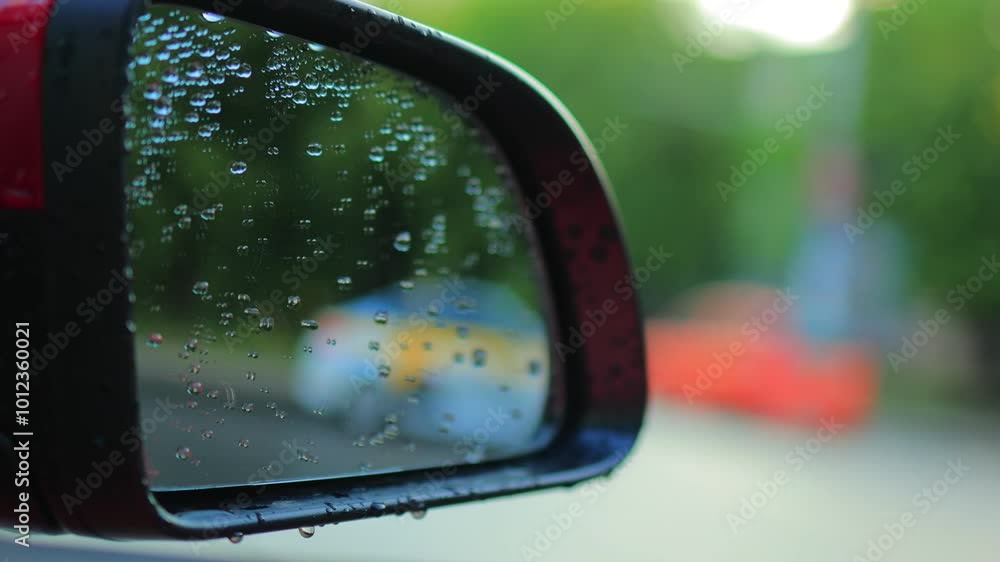 Video shooting in motion, view in the rear view side mirror of a auto, driving a red car along the road Video shooting in motion, view in the rear view side mirror of a auto, driving a red car along the road