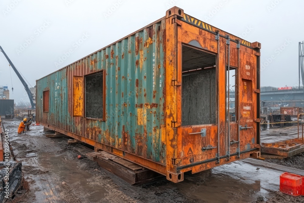 A rusty shipping container with a cut out window, sits on a construction site. A rusty shipping container with a cut out window, sits on a construction site.