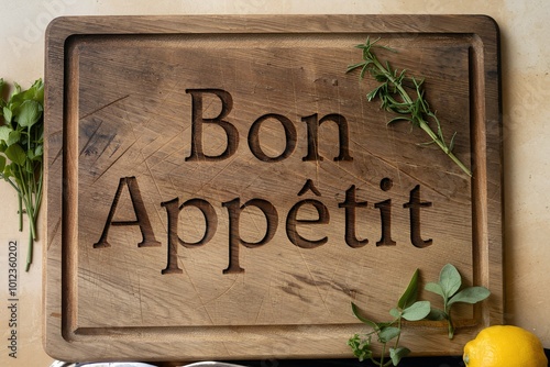 Rustic wooden cutting board with carved 'Bon Appétit' text and fresh herbs