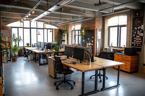 Modern office workspace with wooden desks and brick wall