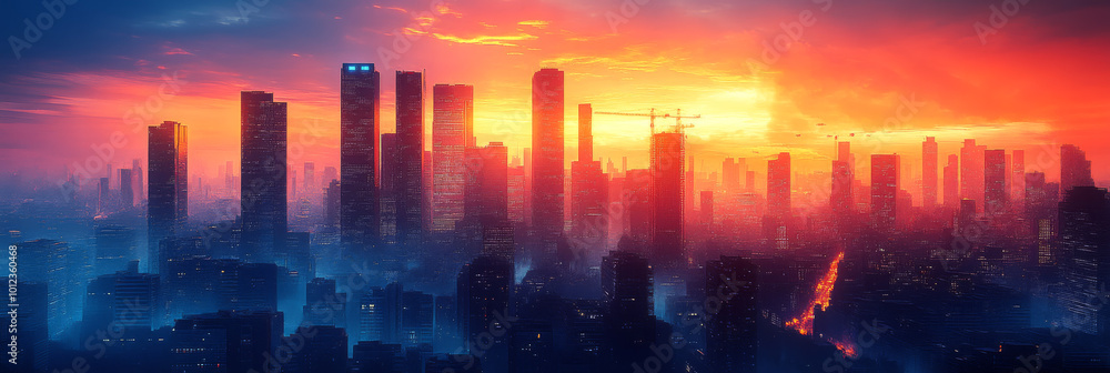 A city skyline at sunset with a fiery sky. A city skyline at sunset with a fiery sky.