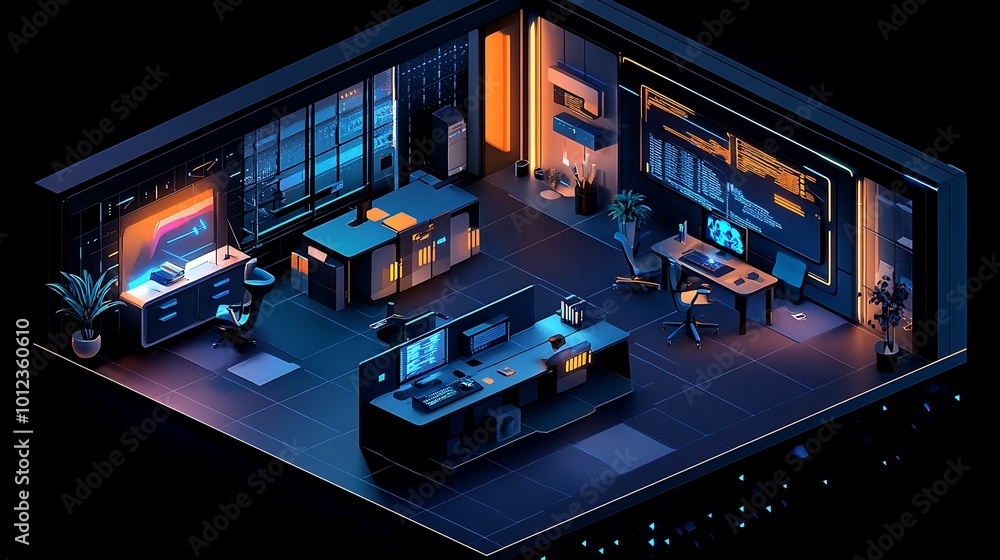 Fototapeta premium Isometric illustration of a futuristic gamer room with neon lighting