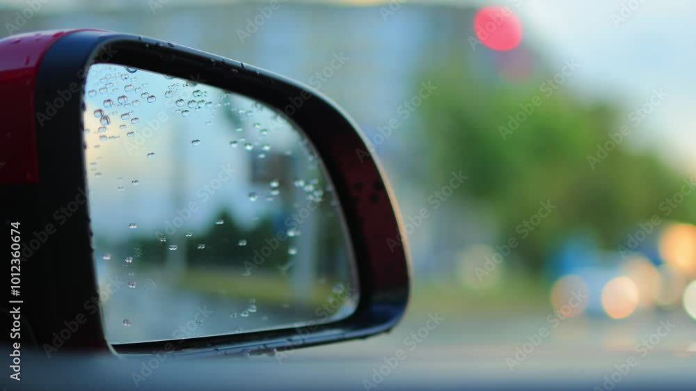 Video shooting in motion, view in the rear view side mirror of a auto, driving a red car along the road Video shooting in motion, view in the rear view side mirror of a auto, driving a red car along the road