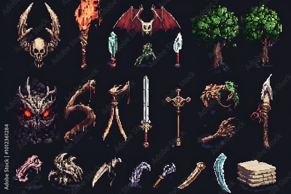 Pixel Art Sprite Sheet, Fantasy Weapons, Items and Objects Stock ...