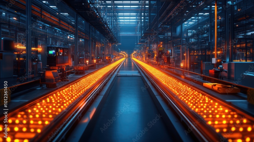 An empty industrial production line with conveyor belts lit by glowing orange lights. An empty industrial production line with conveyor belts lit by glowing orange lights.